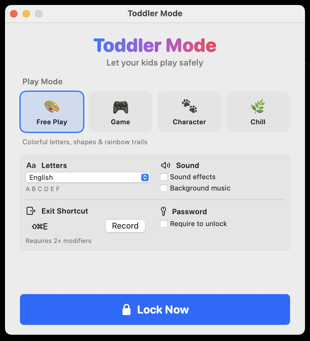 Toddler Mode settings window showing play mode picker, letter and sound options, exit shortcut, and Lock Now button