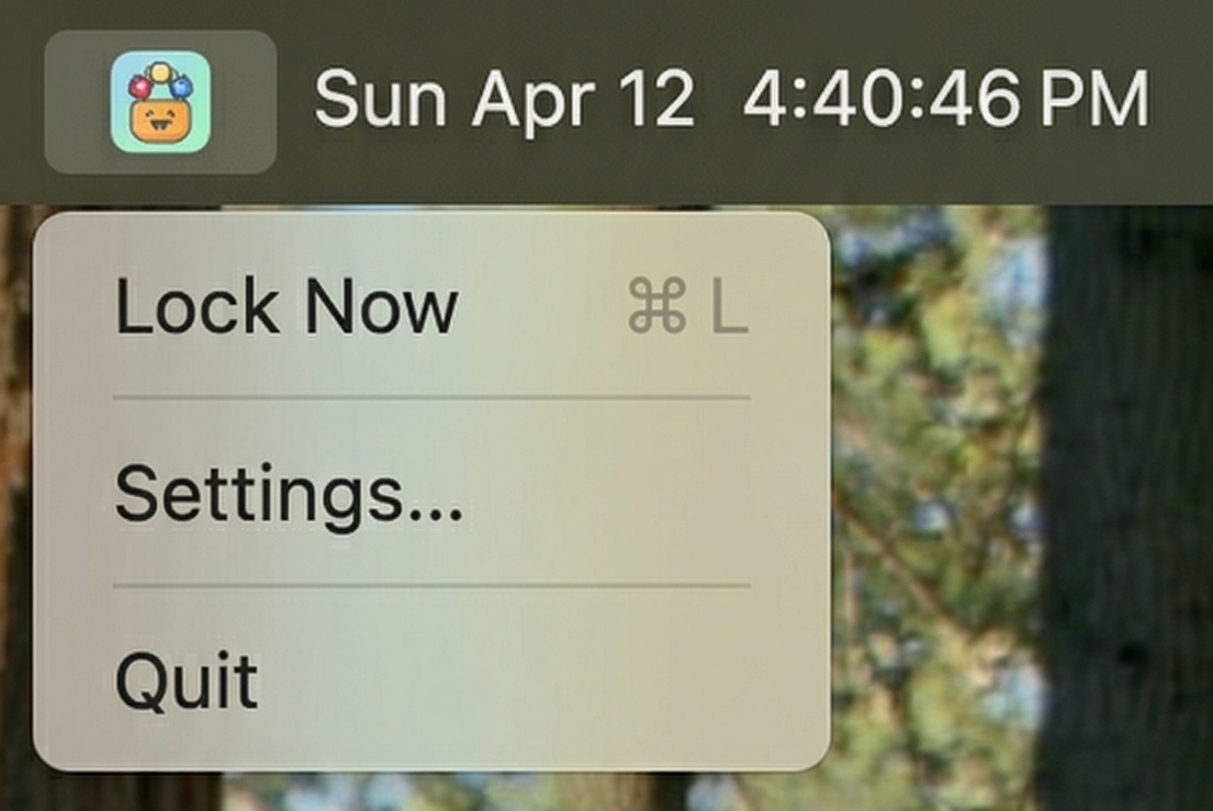 Toddler Mode menu bar icon with Lock Now, Settings, and Quit options